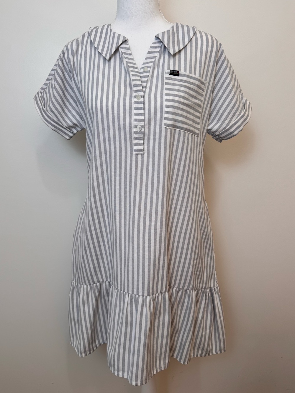 Vintage Hot Kiss L Gray White Striped Shirt Dress Ruffle Hem Collared Mini